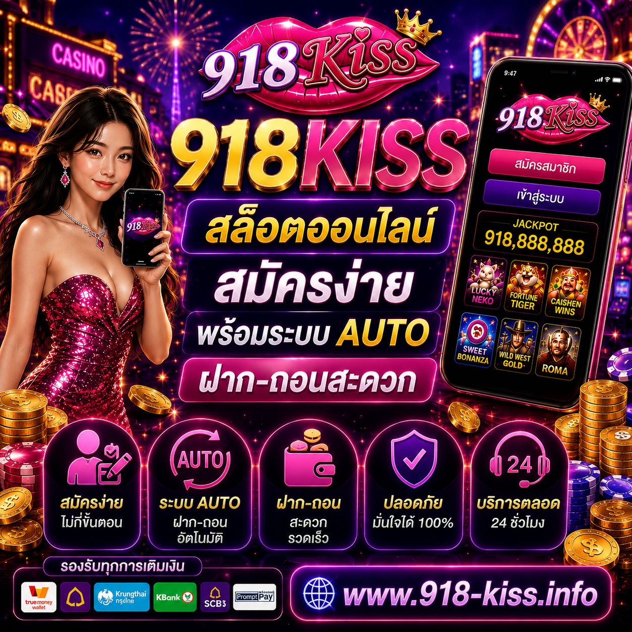 918KISS สล็อตออนไลน์ สมัครง่าย พร้อมระบบ AUTO ฝาก-ถอนสะดวก