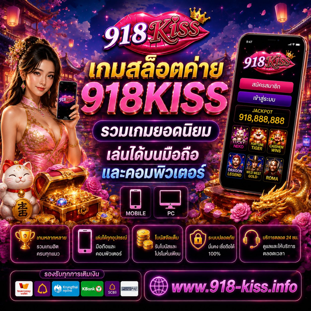 เกมสล็อตค่าย 918KISS รวมเกมยอดนิยม เล่นได้บนมือถือและคอมพิวเตอร์
